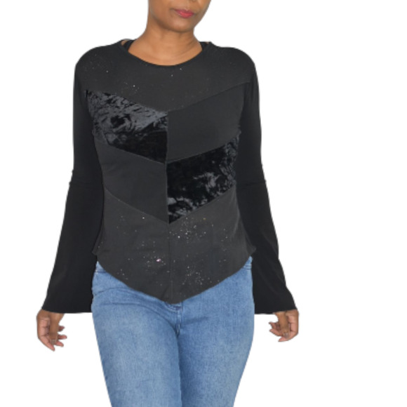 Vintage Ludmilla Bell Sleeve Top Black Velvet Sparkle Y2K France Patchwork Small - Picture 10 of 16